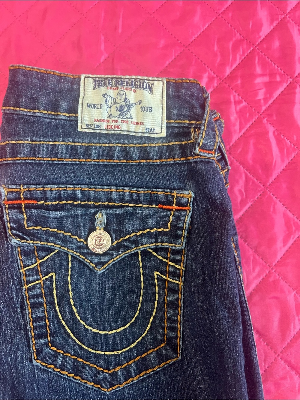 True Religion Dark Blue Bootcut Jeans with Contrast Stitching